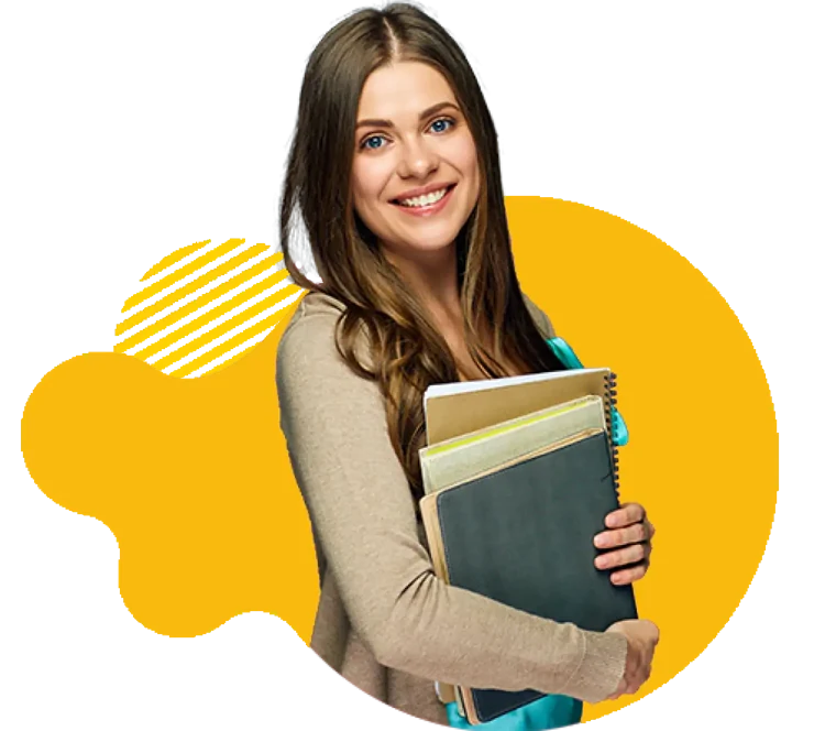Smiling author holding notebooks and books